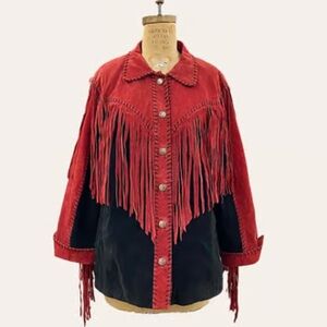 1980s Vintage Bob Mackie red and black suede fringe Western jacket. NWT